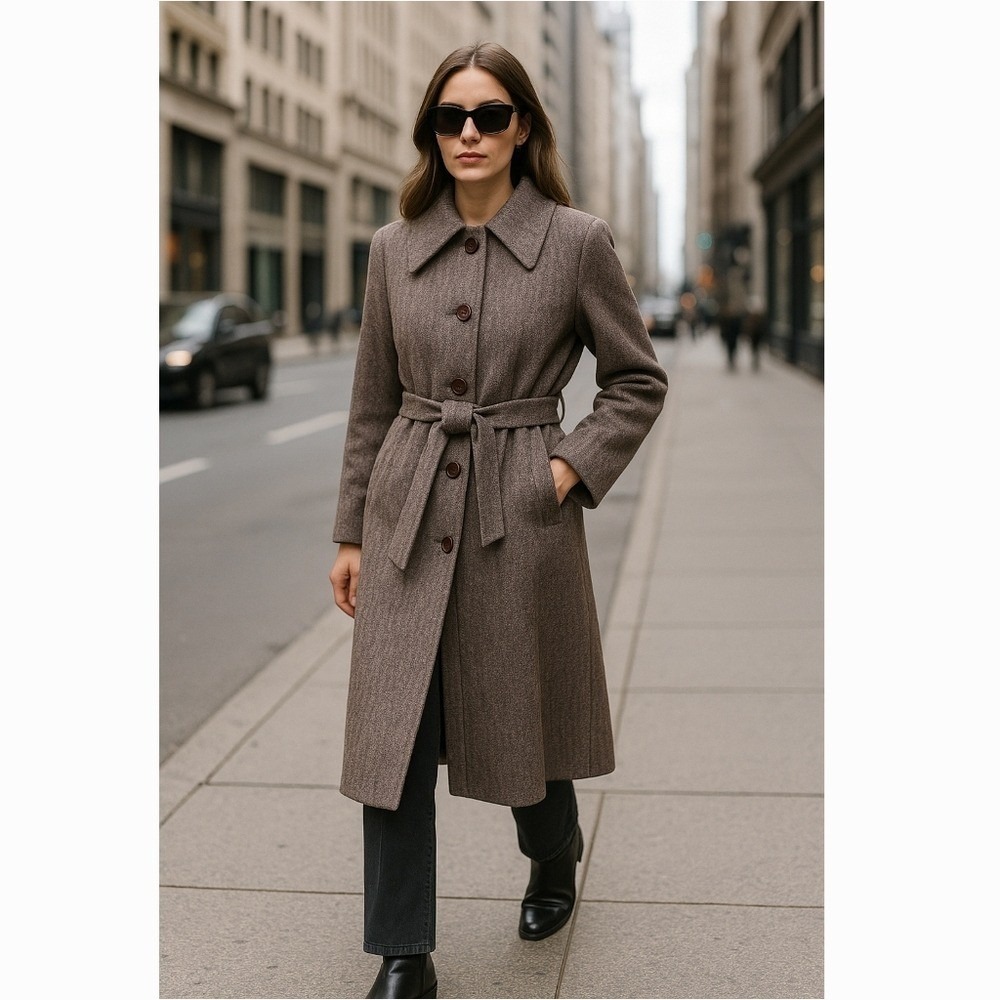Vintage Wool Structured Belted Winter Coat Houndstooth Long Jacket Sze L Classic